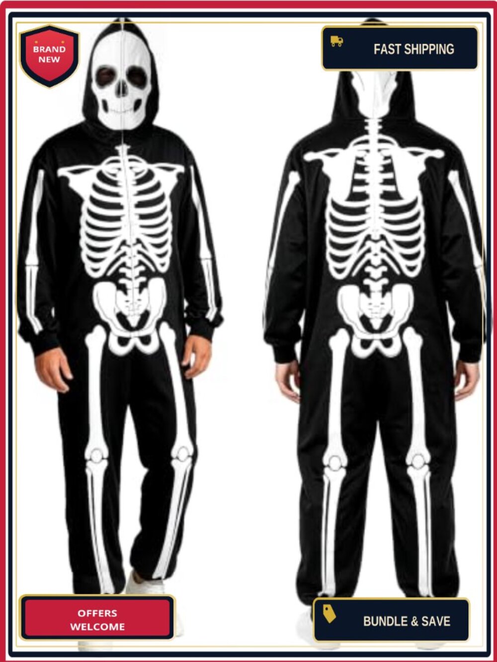 Glow in the Dark Skeleton Jumpsuit Adult Halloween Costume, Machine Washable